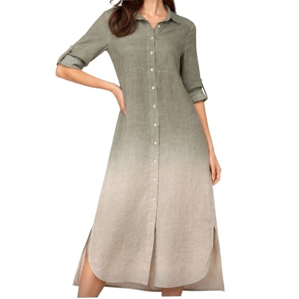 Charlie B Womens S Green Cream Ombre Linen Midi Shirt Dress NWT